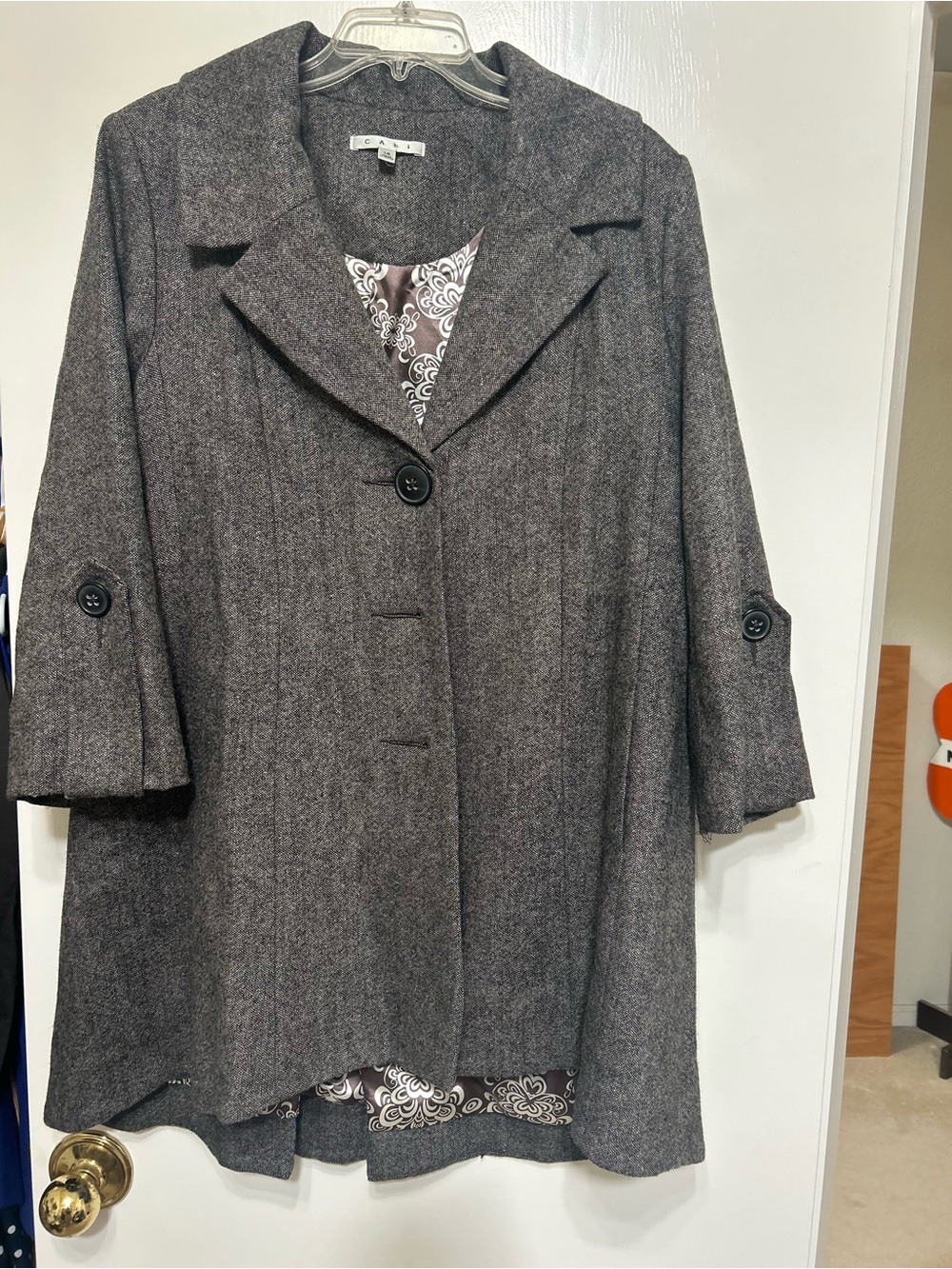 Wool-Blend Gray Three-Quarter Sleeve Coat